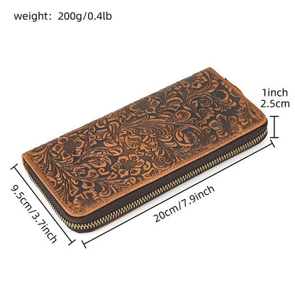 Multi-card Mobile Phone Coin Purse Crazy Horse Leather Long Wallet Retro Embossed Zipper Wallet