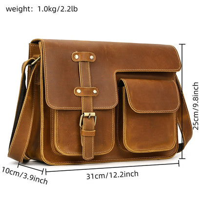 Men's Genuine Leather Shoulder Bag, Crazy Horse Leather Crossbody Bag, Full-grain Cowhide Briefcase