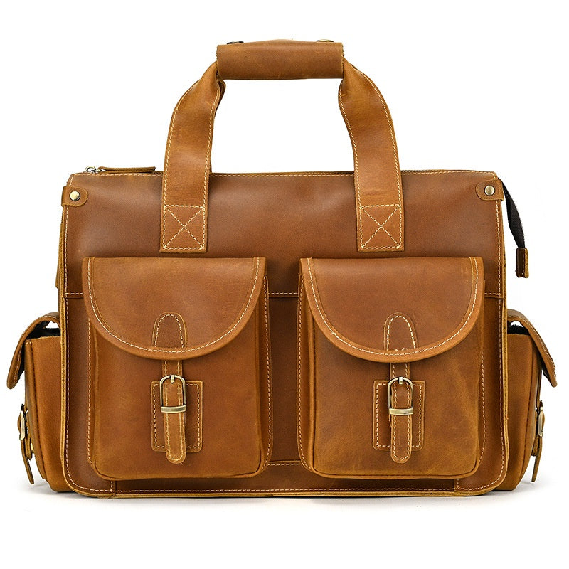 Men's Full-grain Cowhide Briefcase Crazy Horse Leather Computer Bag Slung Shoulder Bag