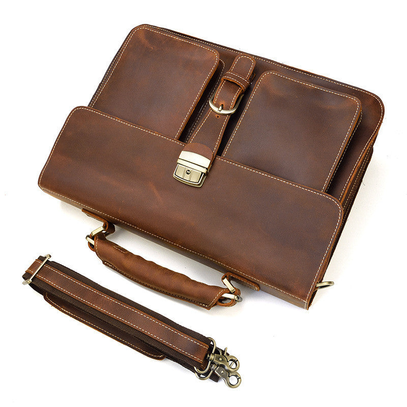 Men's Briefcase Crazy Horse Leather 14 Inch Computer Bag Crossbody Bag