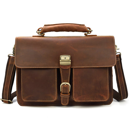 Men's Briefcase Crazy Horse Leather 14 Inch Computer Bag Crossbody Bag