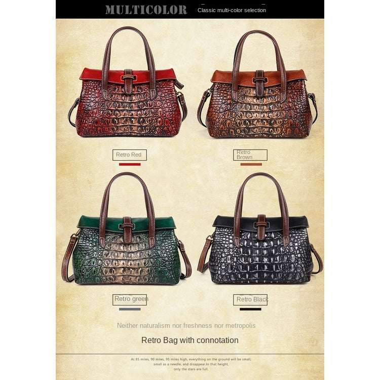 Full-grain Cowhide Women's Bag Embossed Crocodile Pattern Retro Single Shoulder Crossbody Bag