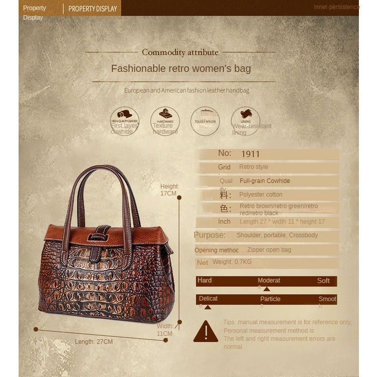 Full-grain Cowhide Women's Bag Embossed Crocodile Pattern Retro Single Shoulder Crossbody Bag