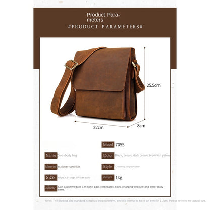 Retro Cowhide Large Capacity Crossbody Bag for Men's Shoulder Bag, Crazy Horse Leather Men's Bag