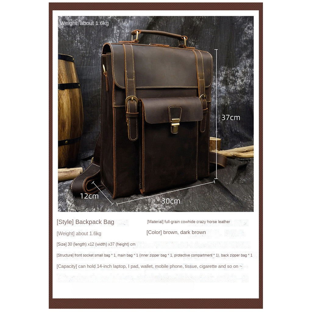 Retro Men's Full-grain Cowhide Backpack Crazy Horse Leather Crossbody Bag Three-function Computer Bag