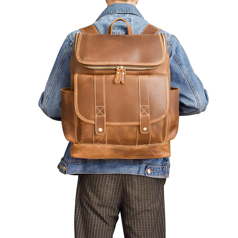 Men's Genuine Leather Backpack, Crazy Horse Leather Large Capacity  Bag