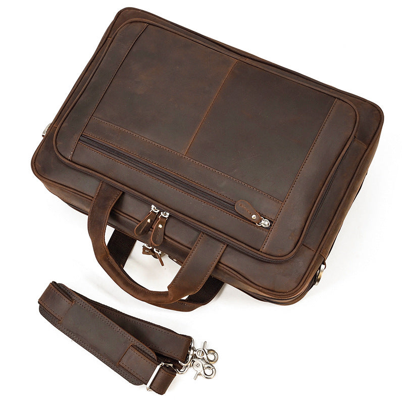 Men's Genuine Leather Briefcase, Crazy Horse Leather Computer Bag, Crossbody Bag