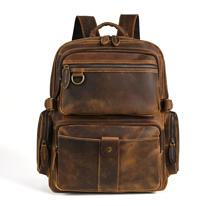 Full-grain Cowhide Men's Backpack Retro Large Capacity 15 Inch Computer Bag Backpack.