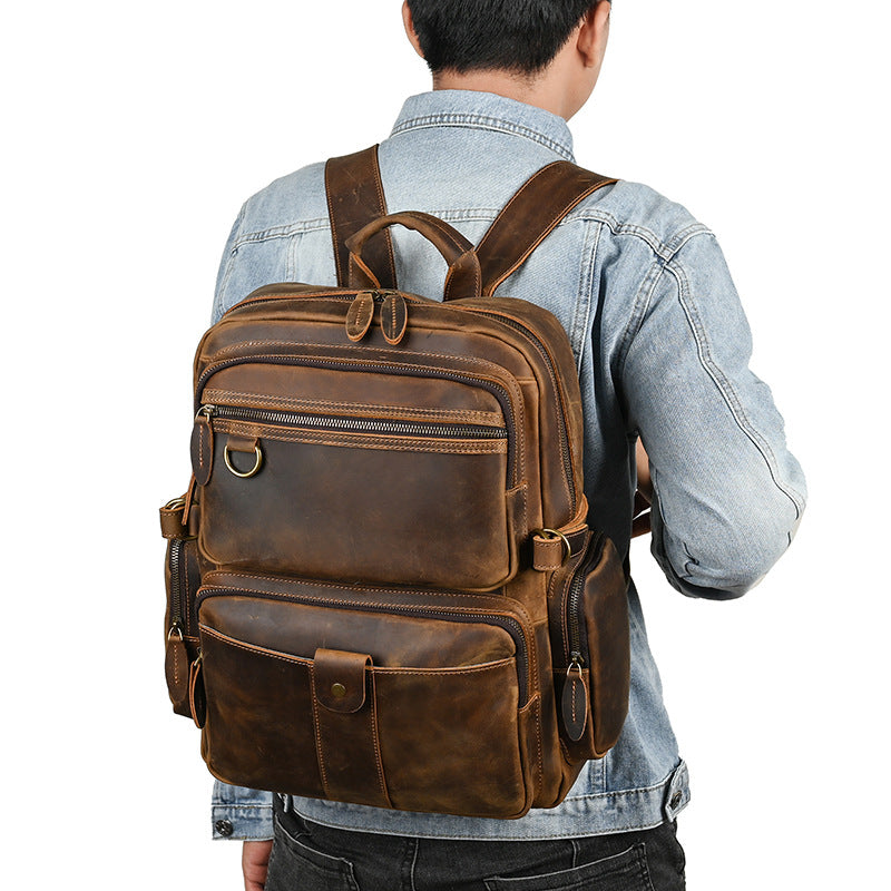 Full-grain Cowhide Men's Backpack Retro Large Capacity 15 Inch Computer Bag Backpack.