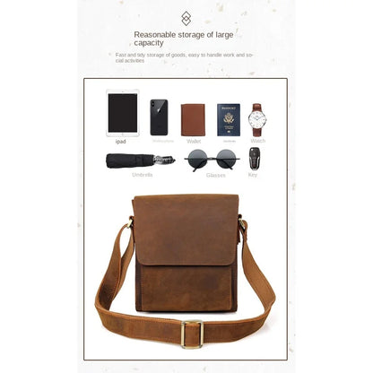 Retro Cowhide Large Capacity Crossbody Bag for Men's Shoulder Bag, Crazy Horse Leather Men's Bag