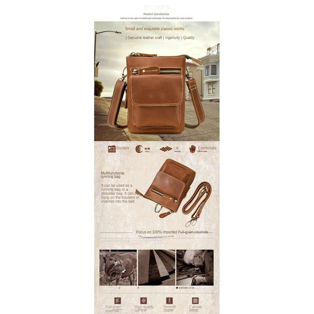 Men's Genuine Leather Waist Bag, Crazy Horse Leather Crossbody Bag, Multifunctional Belt Hanging Bag, Cowhide Phone Bag