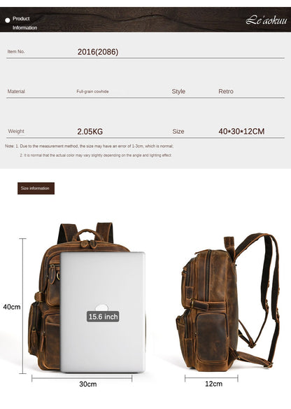 Full-grain Cowhide Men's Backpack Retro Large Capacity 15 Inch Computer Bag Backpack.