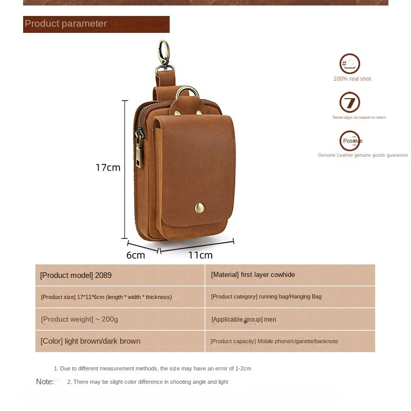 Men's Leather Belt Bag, Crazy Horse Leather Multi-function Hanging Bag, Double-layered Mobile Phone Bag