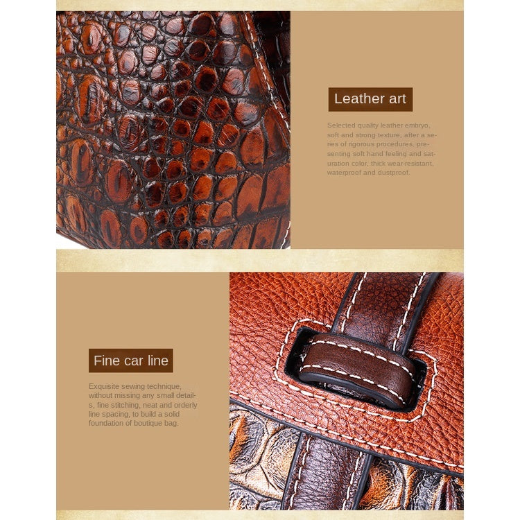 Full-grain Cowhide Women's Bag Embossed Crocodile Pattern Retro Single Shoulder Crossbody Bag