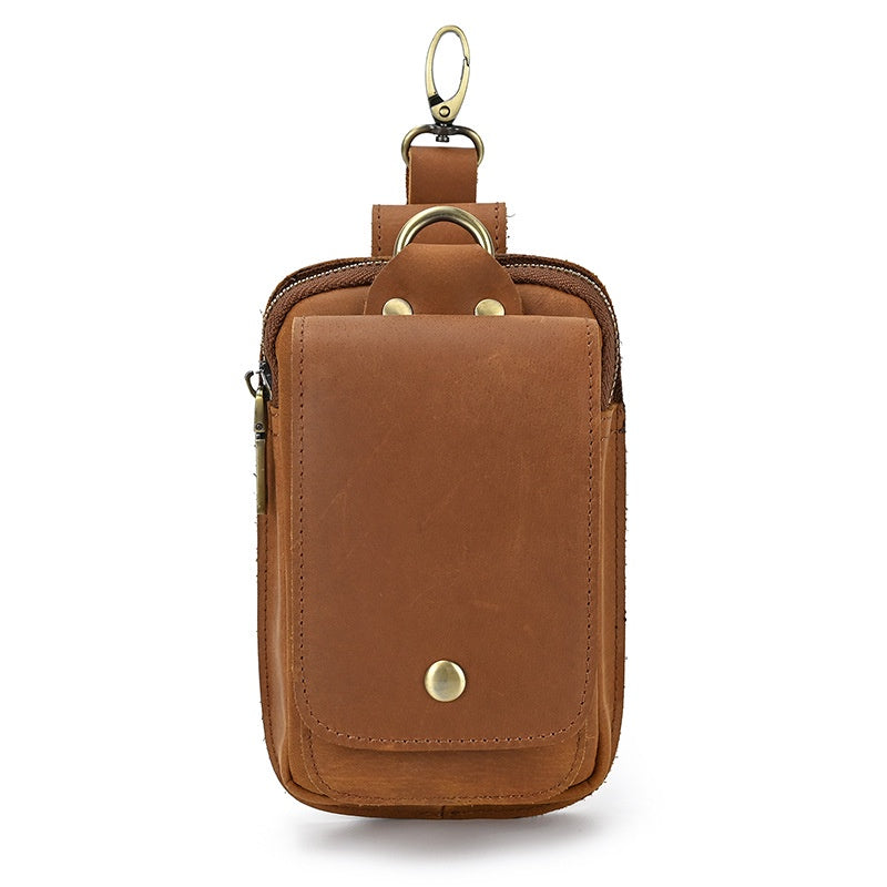 Men's Leather Belt Bag, Crazy Horse Leather Multi-function Hanging Bag, Double-layered Mobile Phone Bag