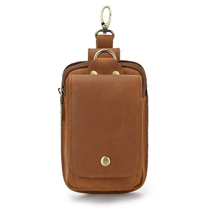 Men's Leather Belt Bag, Crazy Horse Leather Multi-function Hanging Bag, Double-layered Mobile Phone Bag