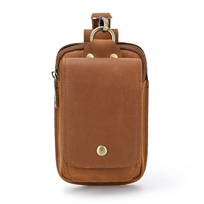 Men's Leather Belt Bag, Crazy Horse Leather Multi-function Hanging Bag, Double-layered Mobile Phone Bag