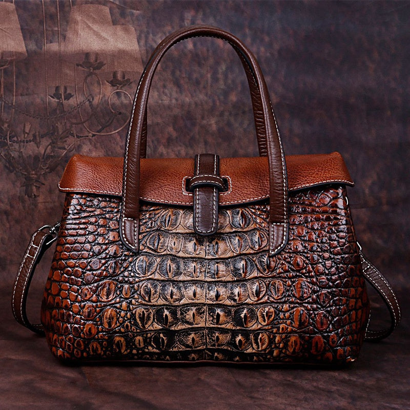 Full-grain Cowhide Women's Bag Embossed Crocodile Pattern Retro Single Shoulder Crossbody Bag