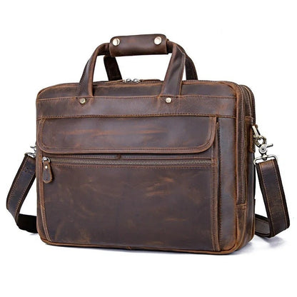 Retro Men's Crazy Horse Leather Briefcase, Cowhide Handbag, Genuine Leather Computer Bag