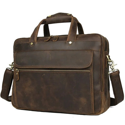 Retro Men's Crazy Horse Leather Briefcase, Cowhide Handbag, Genuine Leather Computer Bag