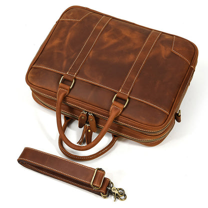 Men's Retro Handbag Crazy Horse Leather Briefcase Genuine Leather Crossbody Bag 14 inch Computer Bag