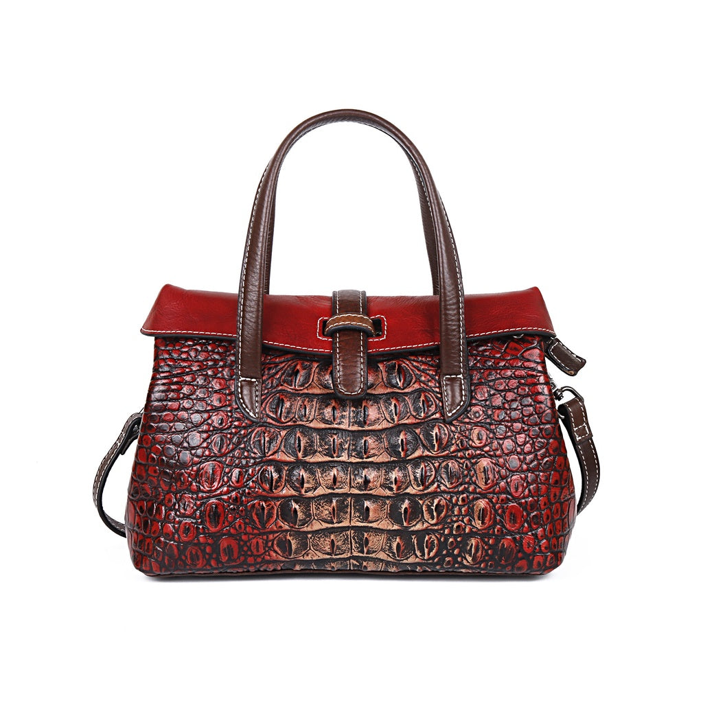 Full-grain Cowhide Women's Bag Embossed Crocodile Pattern Retro Single Shoulder Crossbody Bag