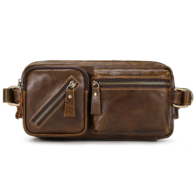 Men's Leather Crossbody Bag, Retro Crazy Horse Leather Chest Bag, Motorcycle Waist Bag