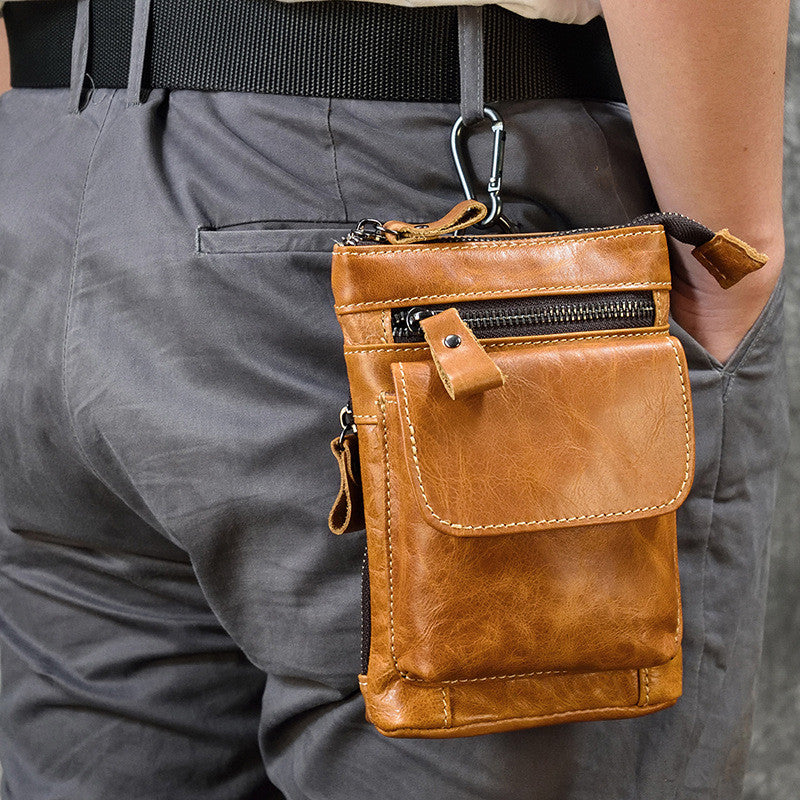 Men's Genuine Leather Waist Bag, Crazy Horse Leather Crossbody Bag, Multifunctional Belt Hanging Bag, Cowhide Phone Bag