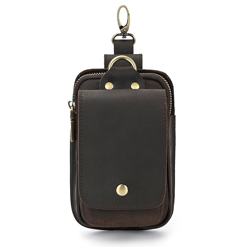 Men's Leather Belt Bag, Crazy Horse Leather Multi-function Hanging Bag, Double-layered Mobile Phone Bag