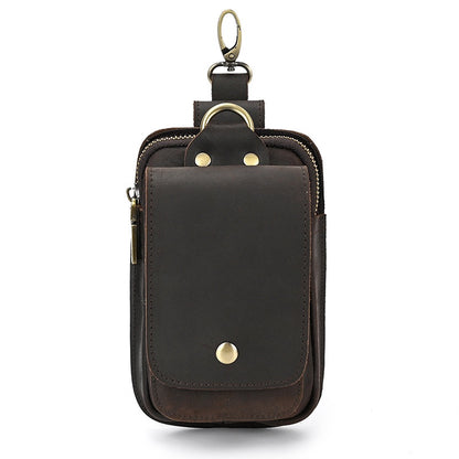 Men's Leather Belt Bag, Crazy Horse Leather Multi-function Hanging Bag, Double-layered Mobile Phone Bag