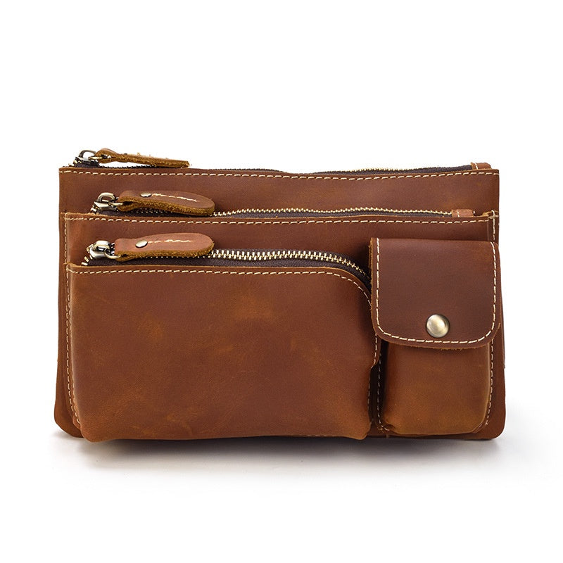 Men's Leather Crossbody Bag, Retro Crazy Horse Leather Chest Bag, Motorcycle Waist Bag