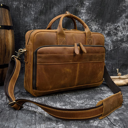 Mens' Briefcase Crazy Horse Leather Computer Handbag Business Bag