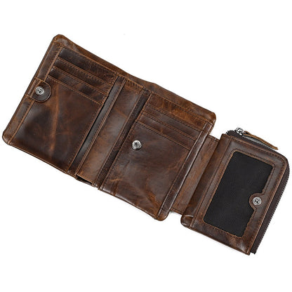 Full-grain Cowhide Trifold Short Wallet with Multiple Card Slots