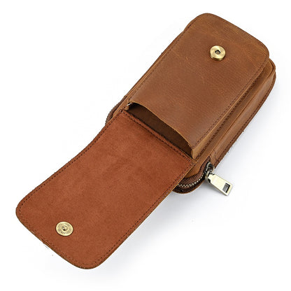 Men's Leather Belt Bag, Crazy Horse Leather Multi-function Hanging Bag, Double-layered Mobile Phone Bag