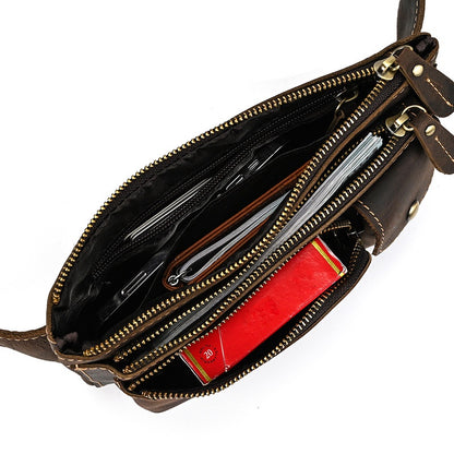 Men's Leather Crossbody Bag, Retro Crazy Horse Leather Chest Bag, Motorcycle Waist Bag