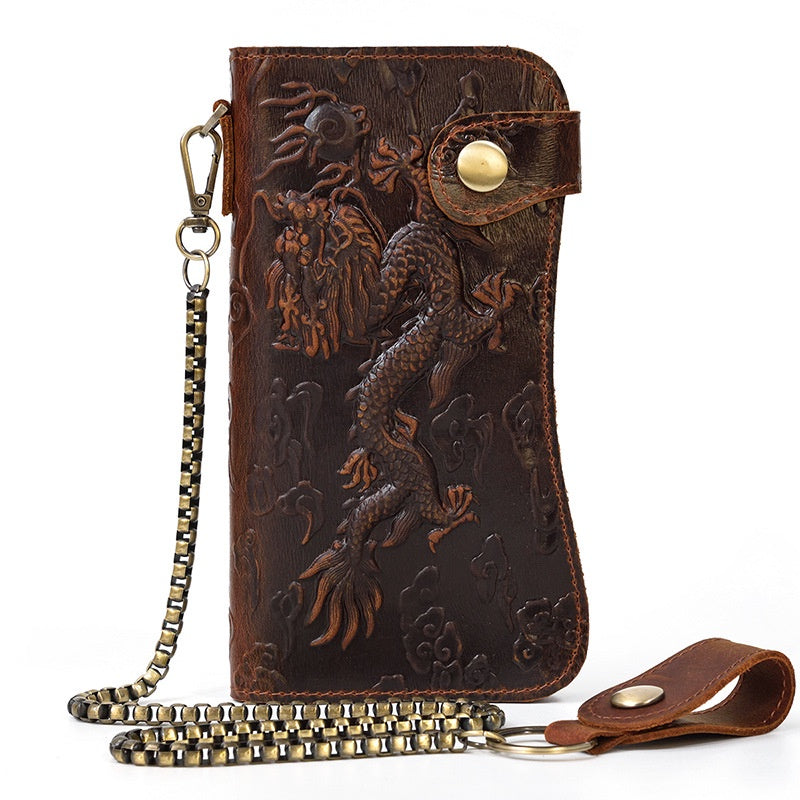 Men's Genuine Leather Embossed Dragon Pattern Multi Slot Leather Wallet