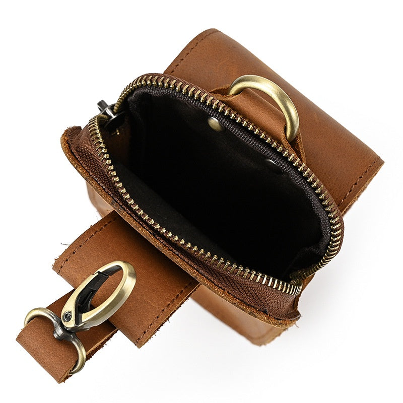 Men's Leather Belt Bag, Crazy Horse Leather Multi-function Hanging Bag, Double-layered Mobile Phone Bag