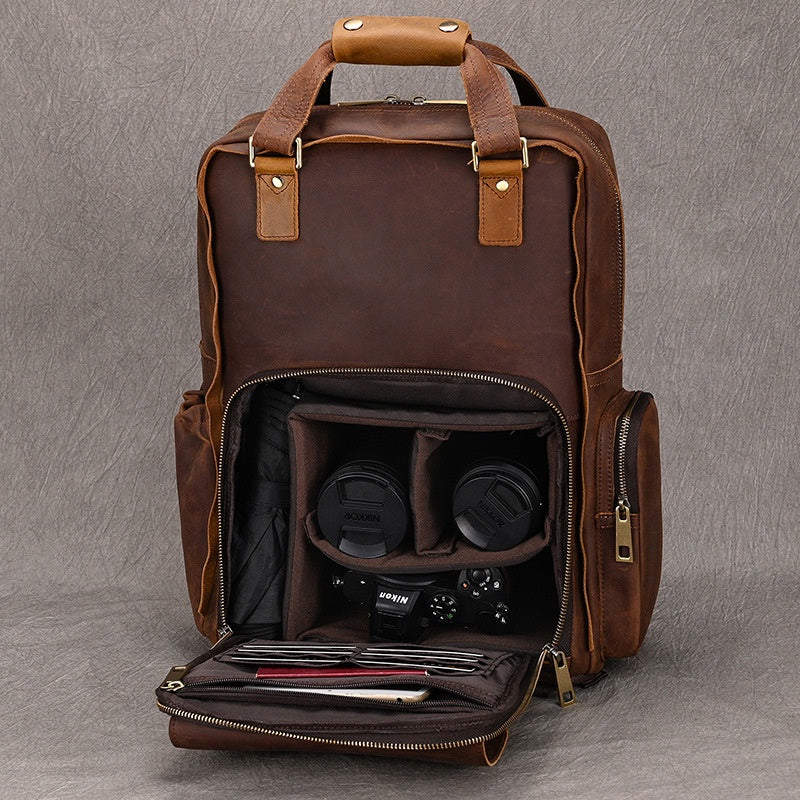 Retro Crazy Horse Skin Photography Bag Men's Large Capacity Backpack Cowhide Travel Bag