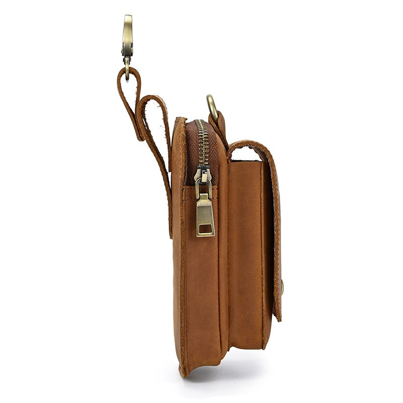 Men's Leather Belt Bag, Crazy Horse Leather Multi-function Hanging Bag, Double-layered Mobile Phone Bag