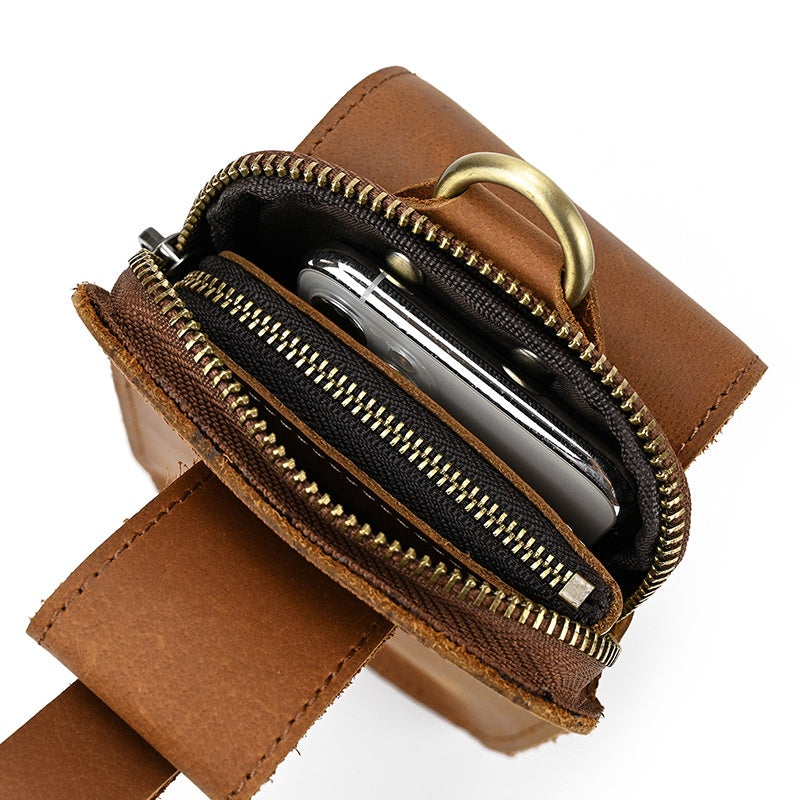 Men's Leather Belt Bag, Crazy Horse Leather Multi-function Hanging Bag, Double-layered Mobile Phone Bag