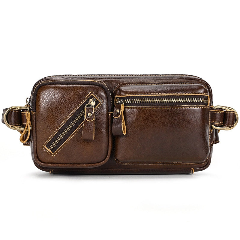 Men's Leather Crossbody Bag, Retro Crazy Horse Leather Chest Bag, Motorcycle Waist Bag