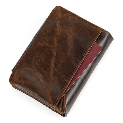 Full-grain Cowhide Trifold Short Wallet with Multiple Card Slots