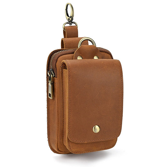 Men's Leather Belt Bag, Crazy Horse Leather Multi-function Hanging Bag, Double-layered Mobile Phone Bag