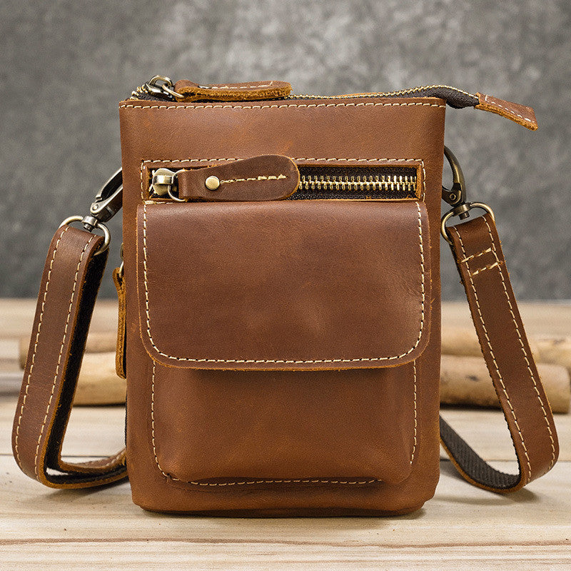 Men's Genuine Leather Waist Bag, Crazy Horse Leather Crossbody Bag, Multifunctional Belt Hanging Bag, Cowhide Phone Bag