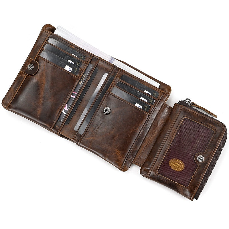 Full-grain Cowhide Trifold Short Wallet with Multiple Card Slots