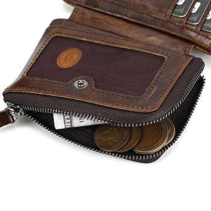 Full-grain Cowhide Trifold Short Wallet with Multiple Card Slots