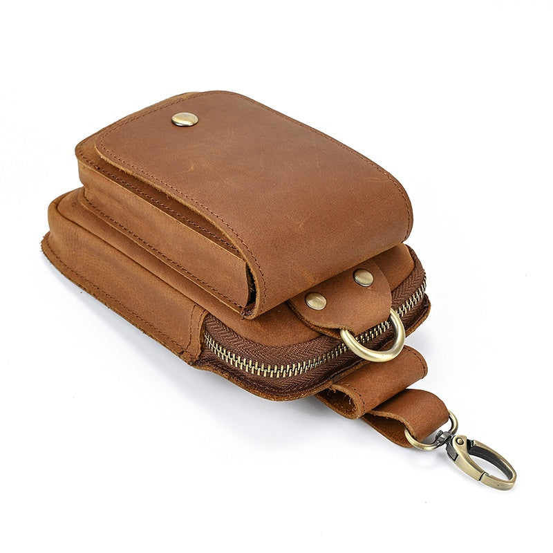 Men's Leather Belt Bag, Crazy Horse Leather Multi-function Hanging Bag, Double-layered Mobile Phone Bag