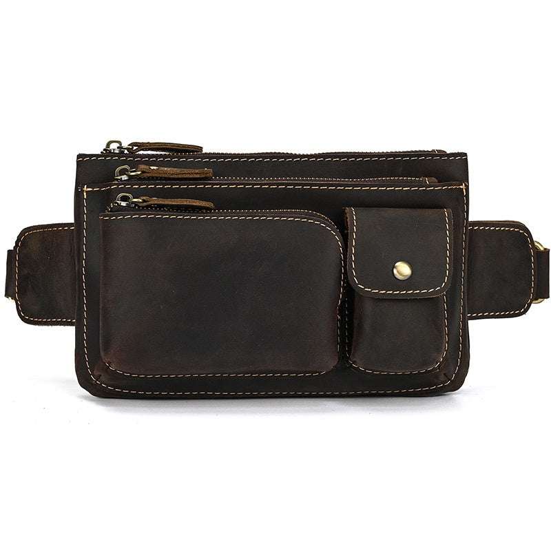 Men's Leather Crossbody Bag, Retro Crazy Horse Leather Chest Bag, Motorcycle Waist Bag