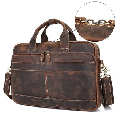 Men's Full-grain Cowhide Crazy Horse Leather Briefcase Singer-Shoulder Crossbody Bag