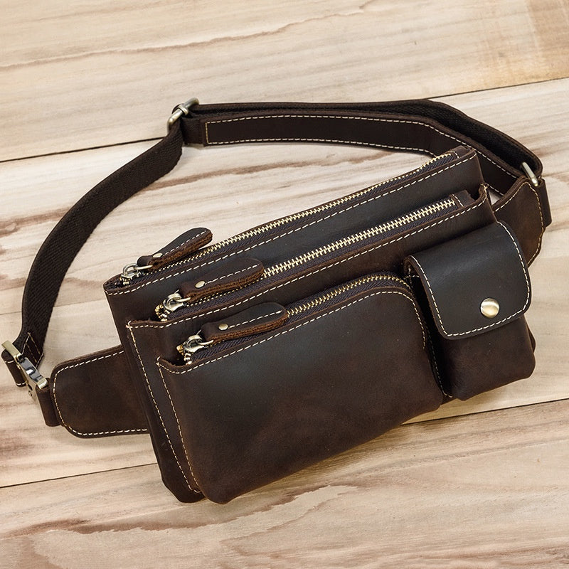 Men's Leather Crossbody Bag, Retro Crazy Horse Leather Chest Bag, Motorcycle Waist Bag